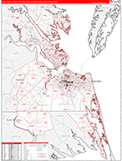 Virginia Beach-Norfolk-Newport News Metro Area Wall Map Red Line Style